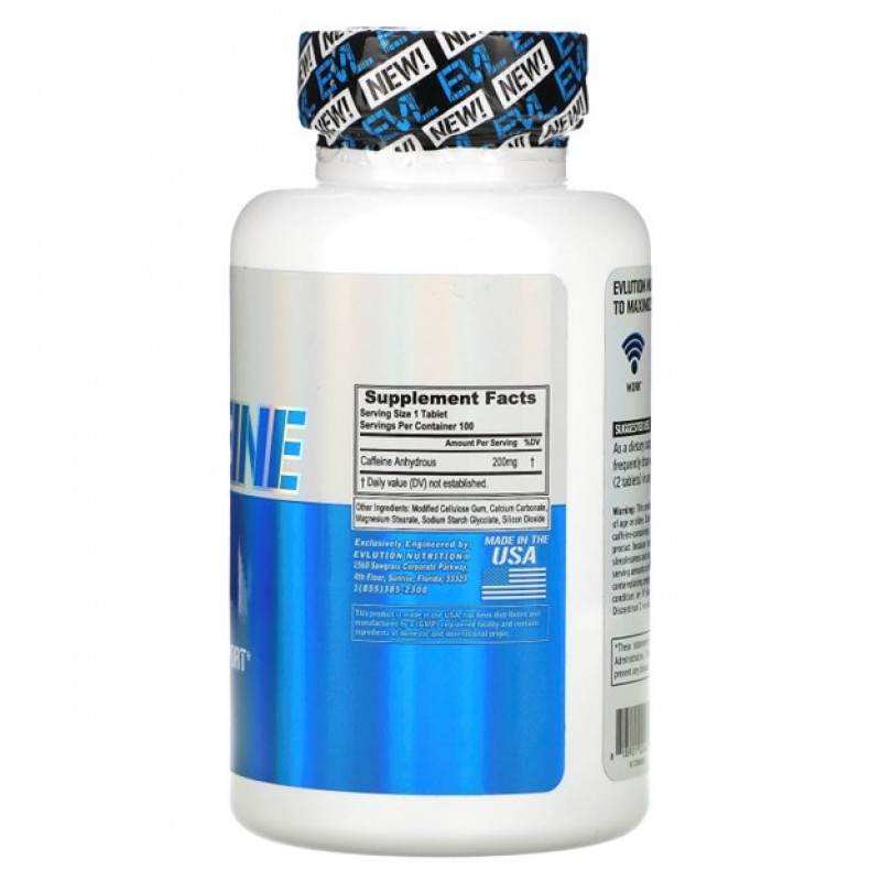 EVL Nutrition, Caffeine 200 мг (100 таб.), кофеин безводный купить в ...